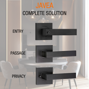 Black door handle, Javea complete solution of matching front door, passage and privacy door handles