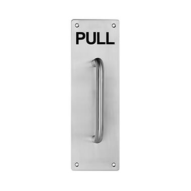 150 x 16 D Pull on 300 x 100 x 2mm Plate Engraved "PULL" - Satin Stainless Steel
