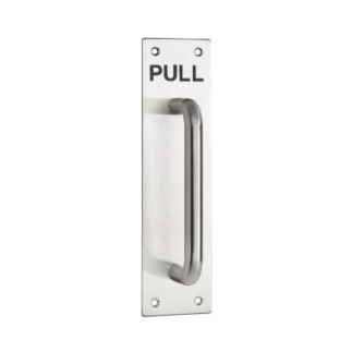150 x 16 D Pull on 250 x 65 x 2mm Plate Engraved PULL - Satin Stainless Steel