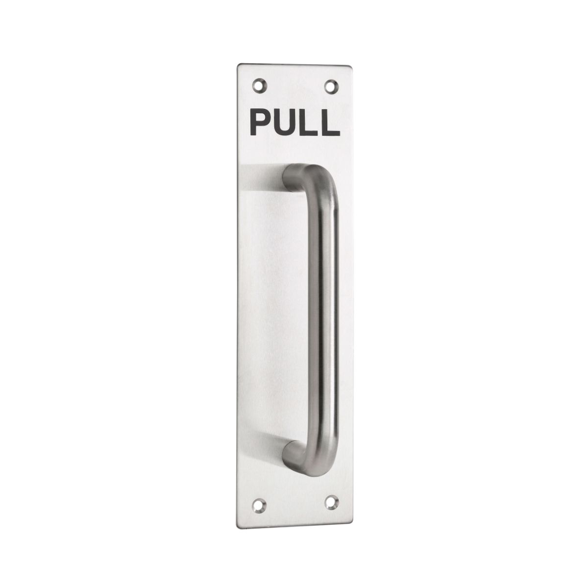 150 x 16 D Pull on 250 x 65 x 2mm Plate Engraved "PULL" - Satin Stainless Steel