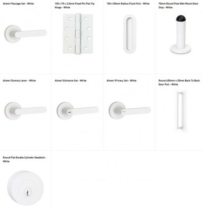 White door hardware range: white front door handle, white interior door handle, white door pull, white door stop, white hinge, white deadbolt